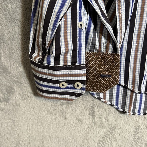 Bugatchi Uomo Men's Lg LS Button Down Multi-Color Striped Shirt Flip Cuff EUC - Picture 6 of 11